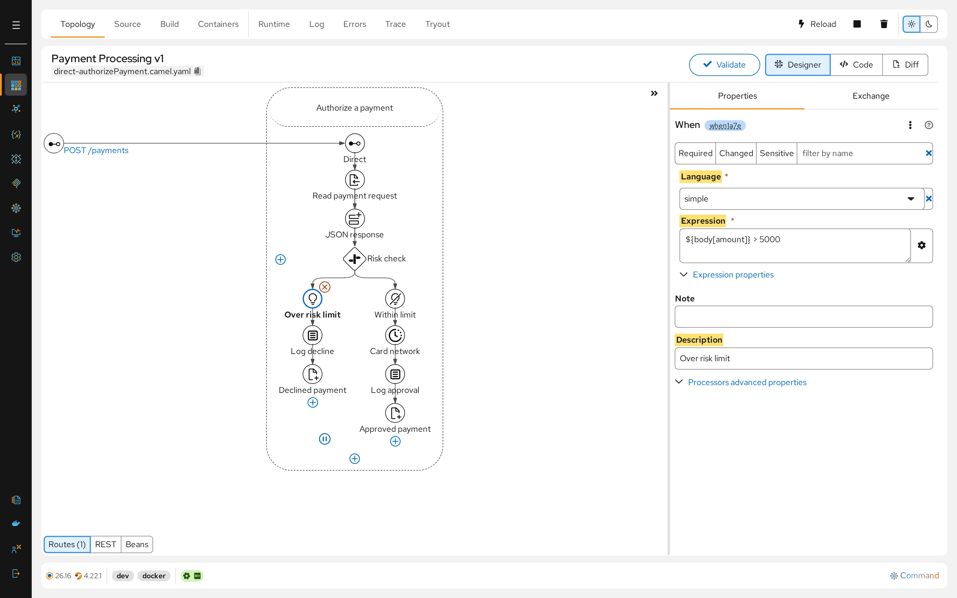 Studio Web topology designer: a payment authorization route with risk-check branching and the properties panel